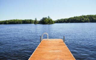 A dock is leading into a lake. The horizon is lined with trees.
