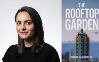 Menaka Raman Wilms's headshot beside the cover of The Rooftop Garden